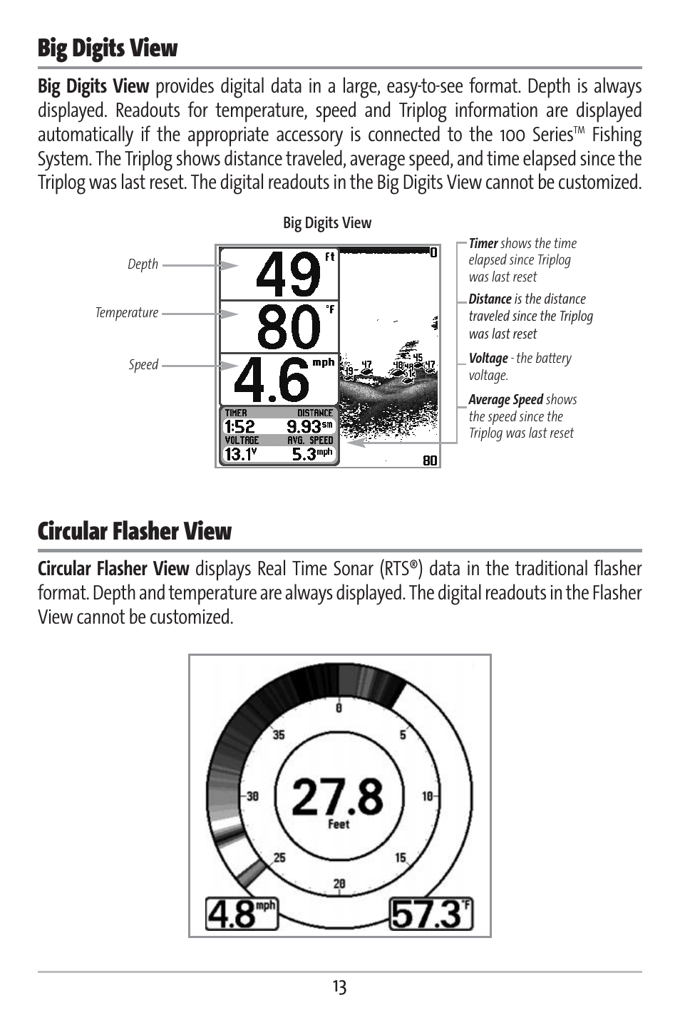 Big digits view, Circular flasher view | Humminbird 161 User Manual | Page 20 / 112