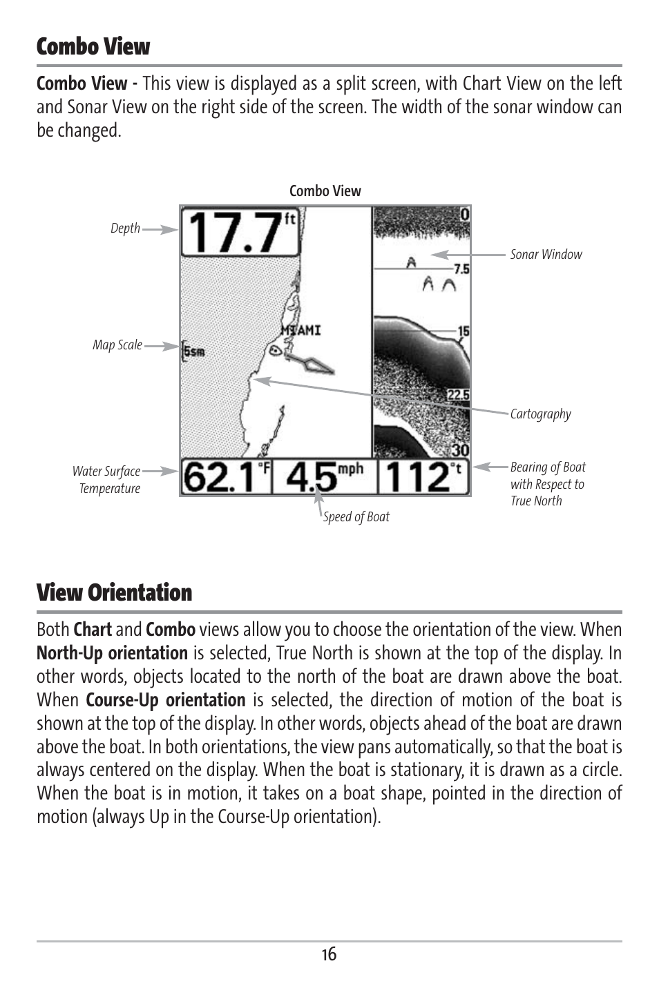 Combo view, View orientation | Humminbird 161 User Manual | Page 23 / 112