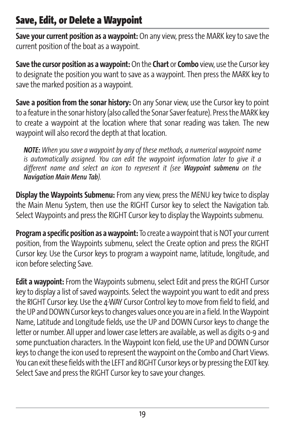 Save, edit, or delete a waypoint | Humminbird 161 User Manual | Page 26 / 112