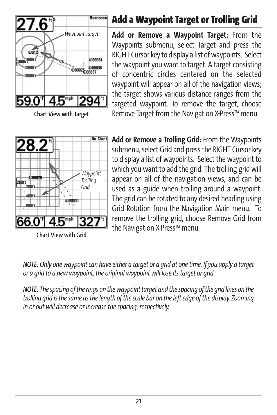 Add a waypoint target or trolling grid, Menu | Humminbird 161 User Manual | Page 28 / 112