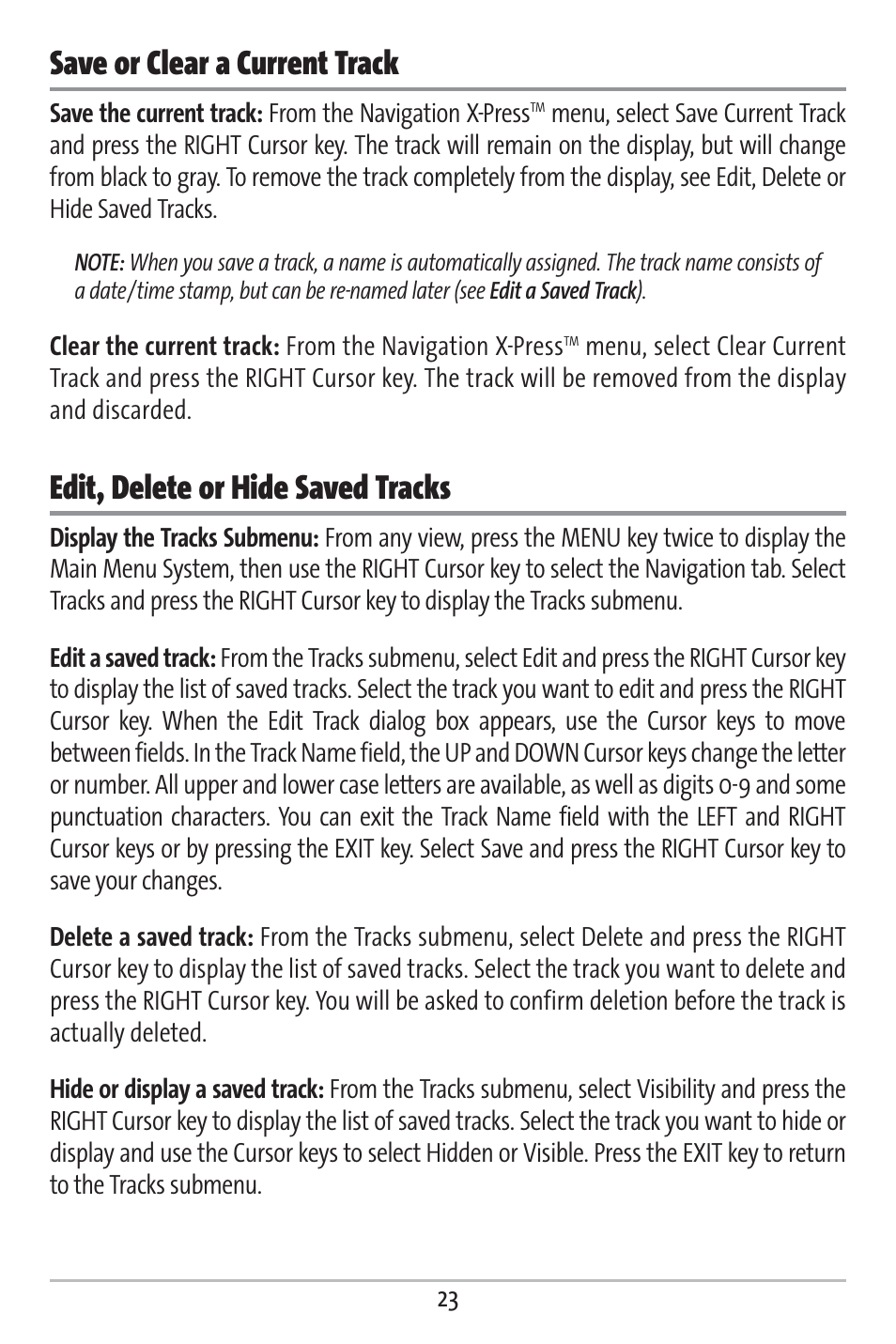 Save or clear a current track, Edit, delete or hide saved tracks | Humminbird 161 User Manual | Page 30 / 112