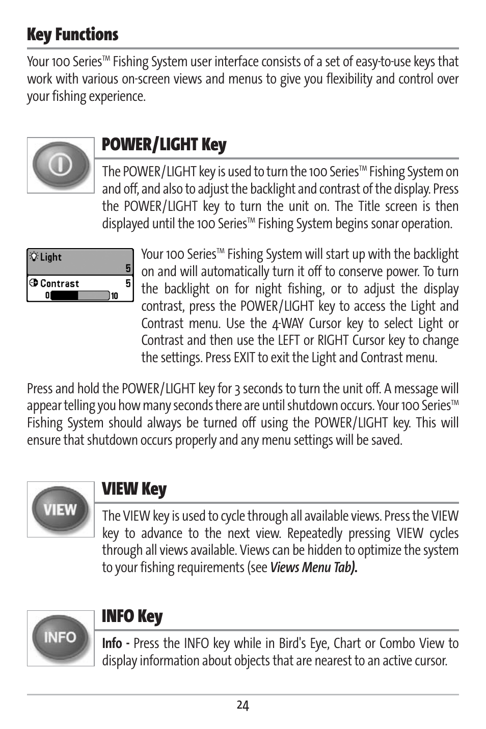 Key functions, Power/light key, View key | Info key | Humminbird 161 User Manual | Page 31 / 112