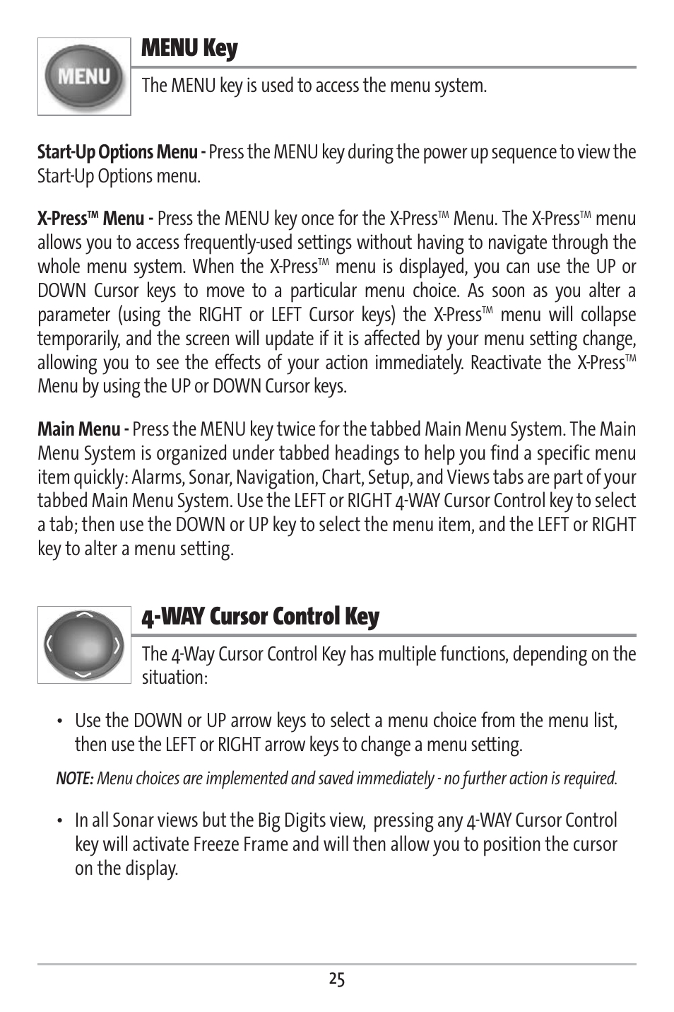 Menu key, Way cursor control key | Humminbird 161 User Manual | Page 32 / 112