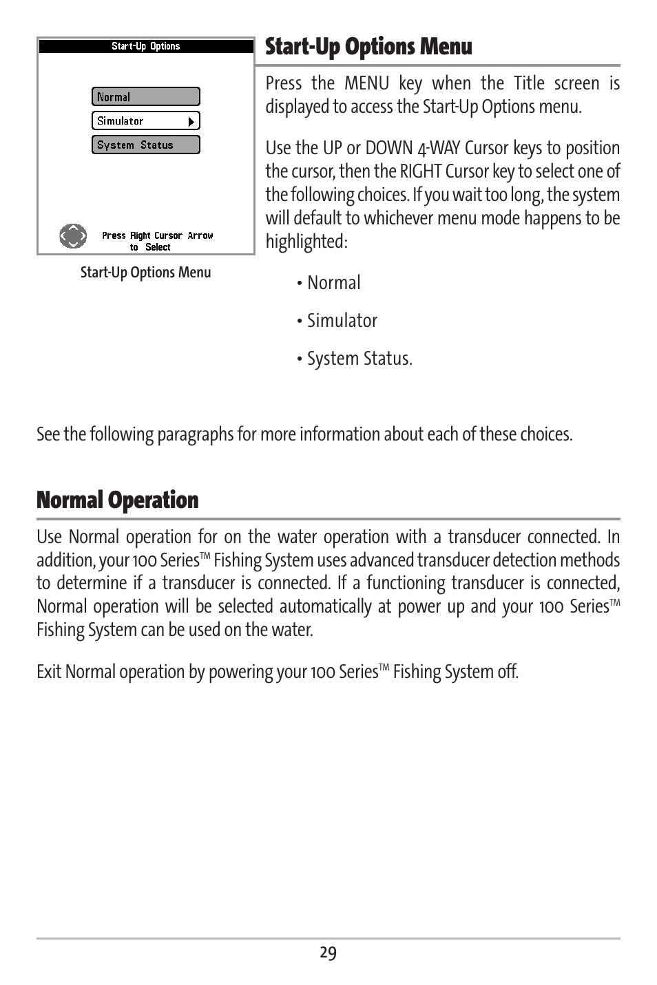 Start-up options menu, Normal operation | Humminbird 161 User Manual | Page 36 / 112