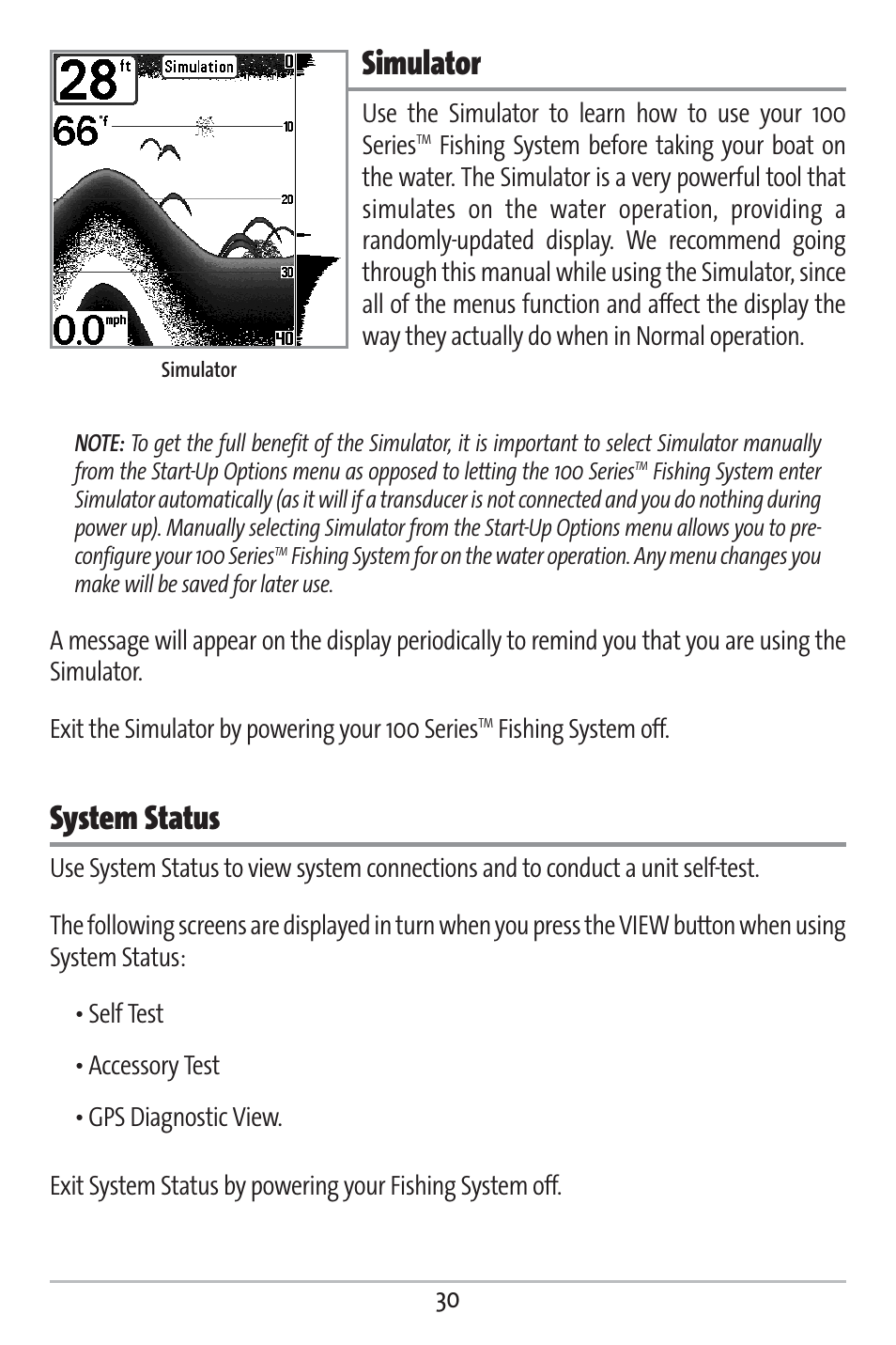 Simulator, System status | Humminbird 161 User Manual | Page 37 / 112