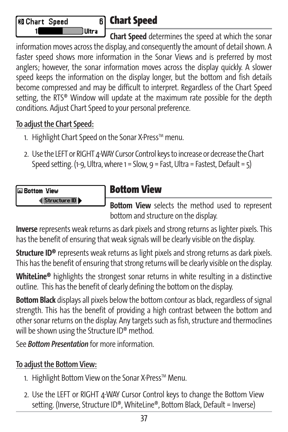 Chart speed, Bottom view | Humminbird 161 User Manual | Page 44 / 112