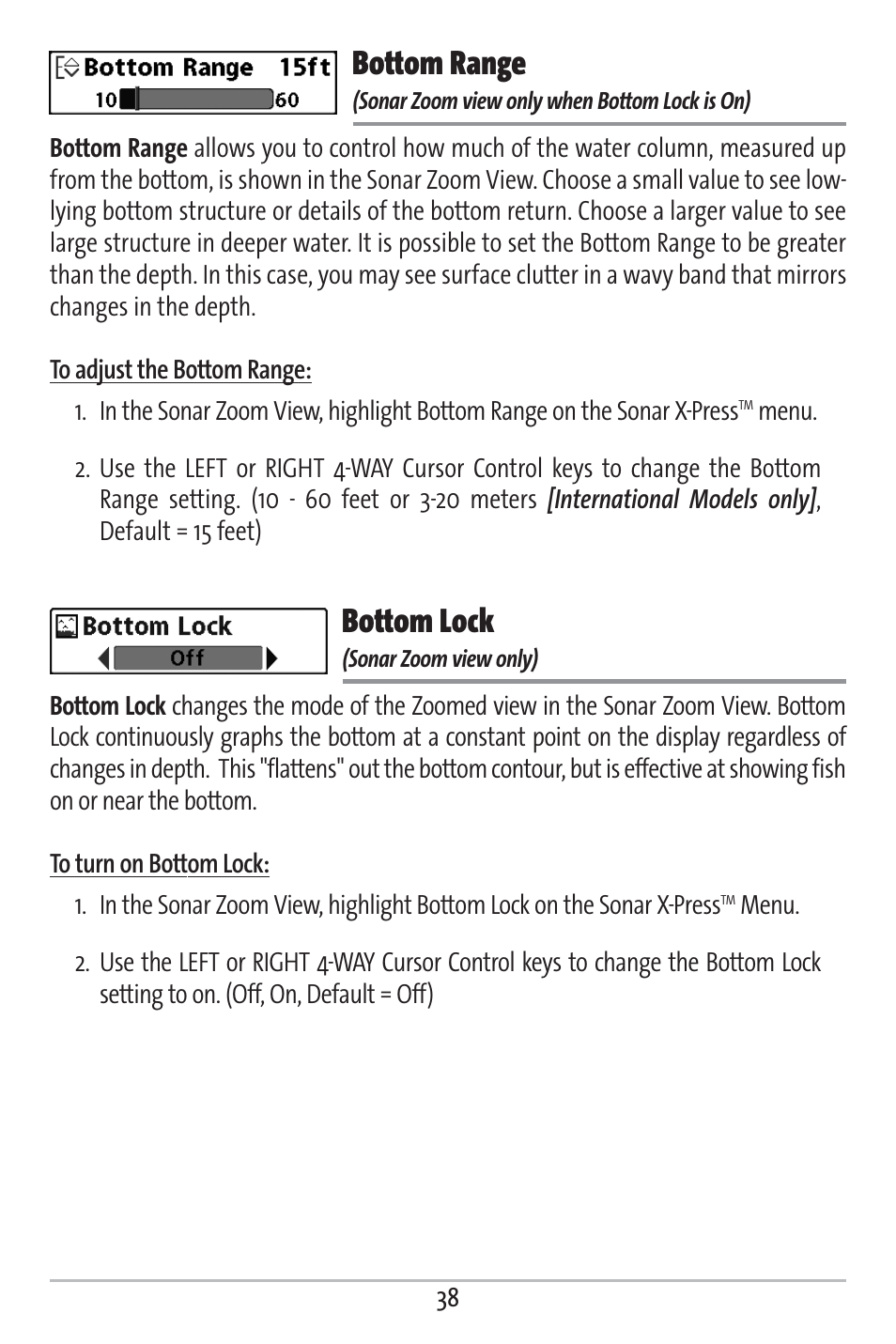 Bottom range, Bottom lock | Humminbird 161 User Manual | Page 45 / 112