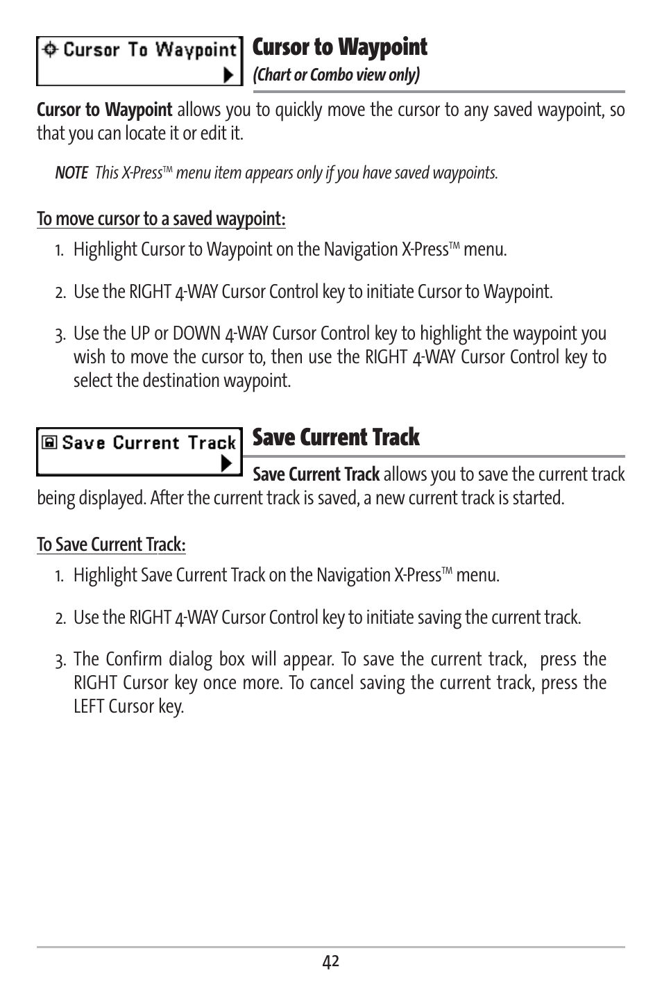 Cursor to waypoint, Save current track | Humminbird 161 User Manual | Page 49 / 112