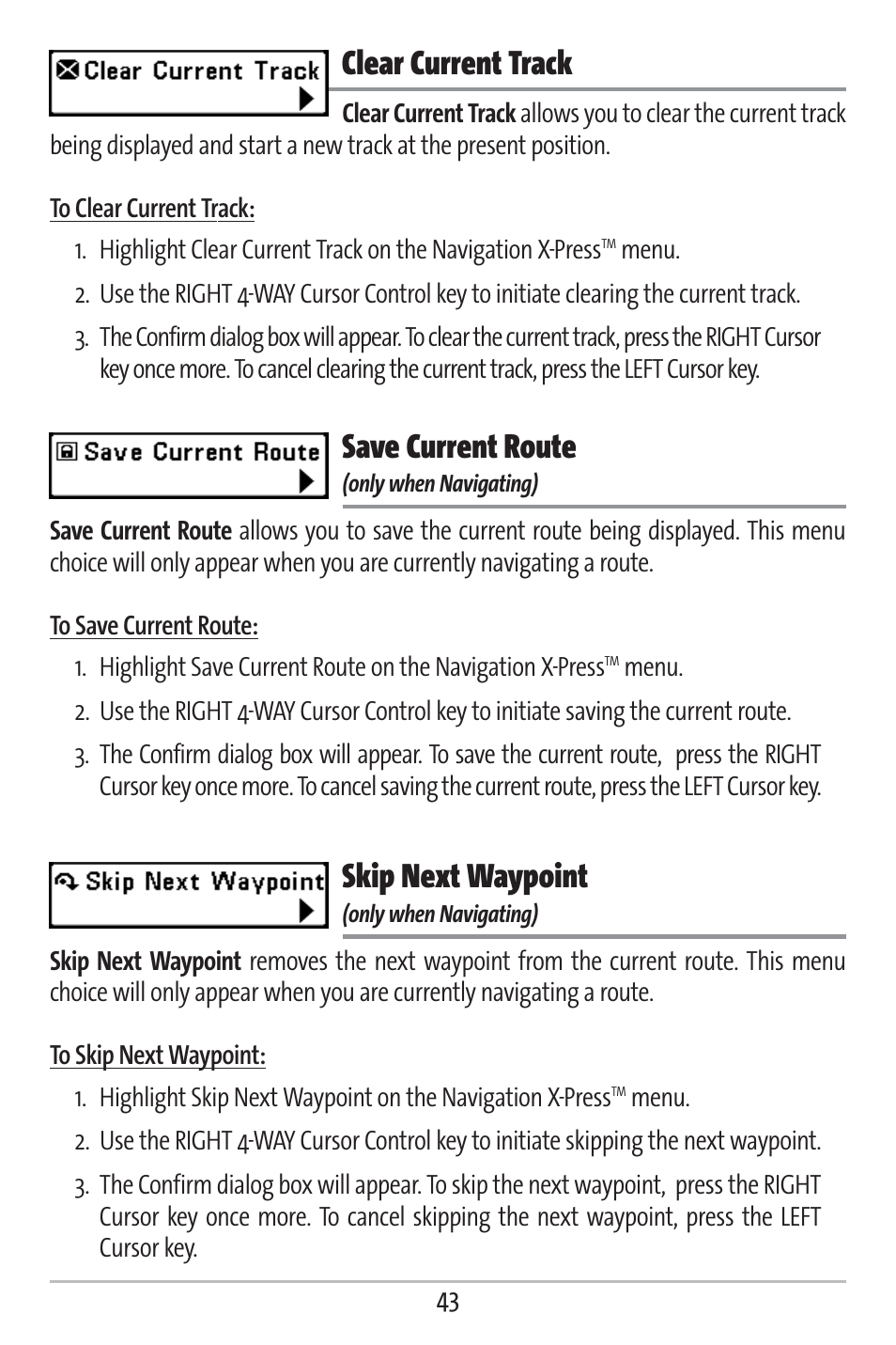 Clear current track, Save current route, Skip next waypoint | Humminbird 161 User Manual | Page 50 / 112