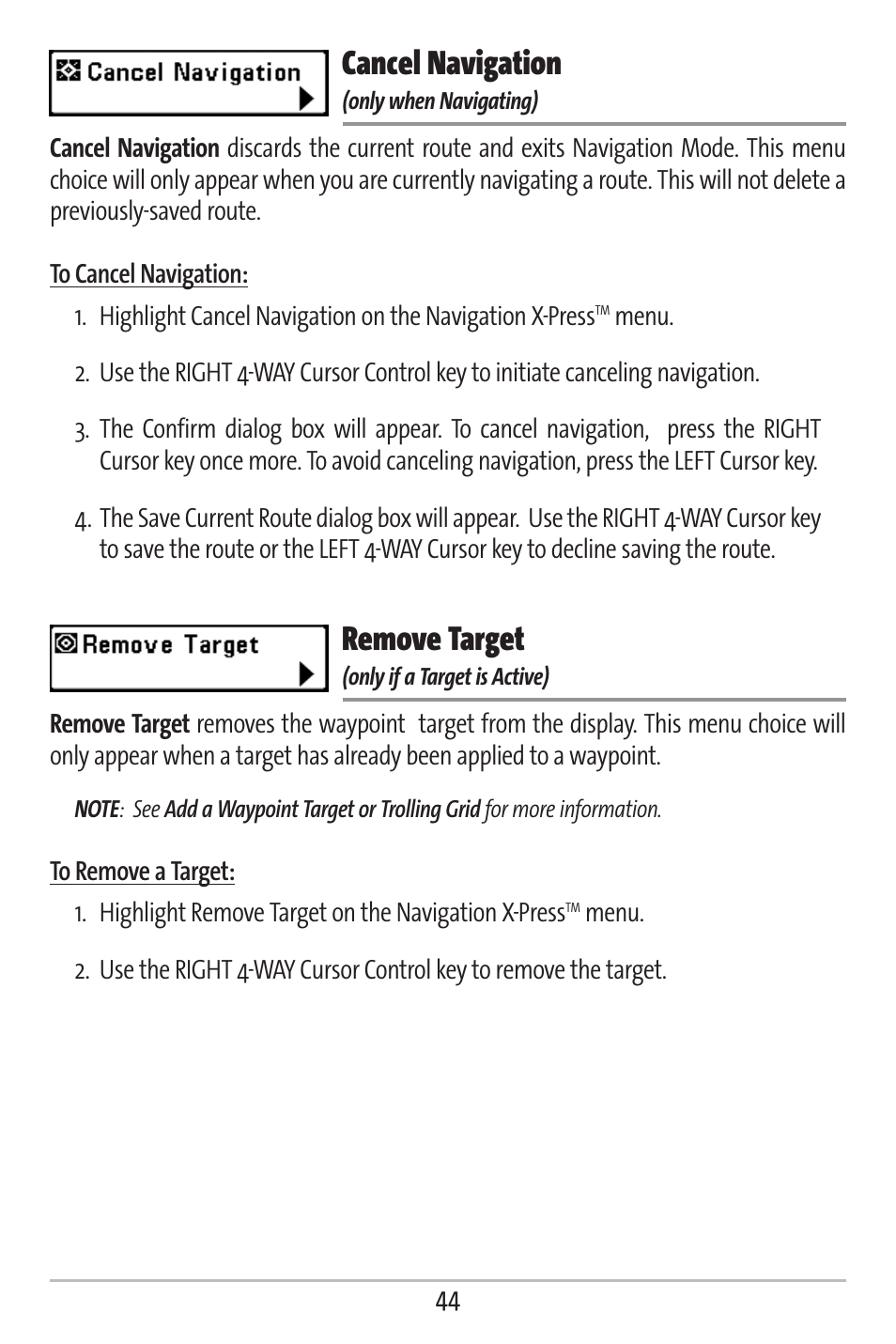 Cancel navigation, Remove target | Humminbird 161 User Manual | Page 51 / 112