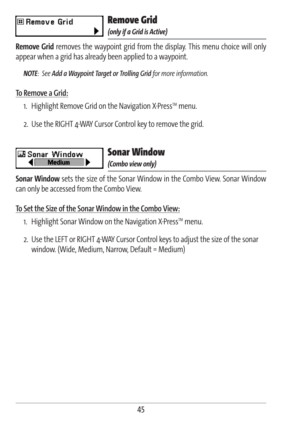 Remove grid, Sonar window | Humminbird 161 User Manual | Page 52 / 112