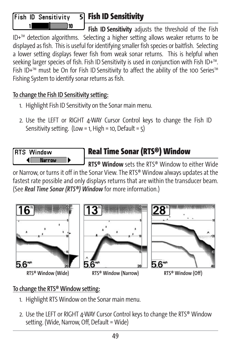 Fish id sensitivity, Real time sonar (rts®) window | Humminbird 161 User Manual | Page 56 / 112