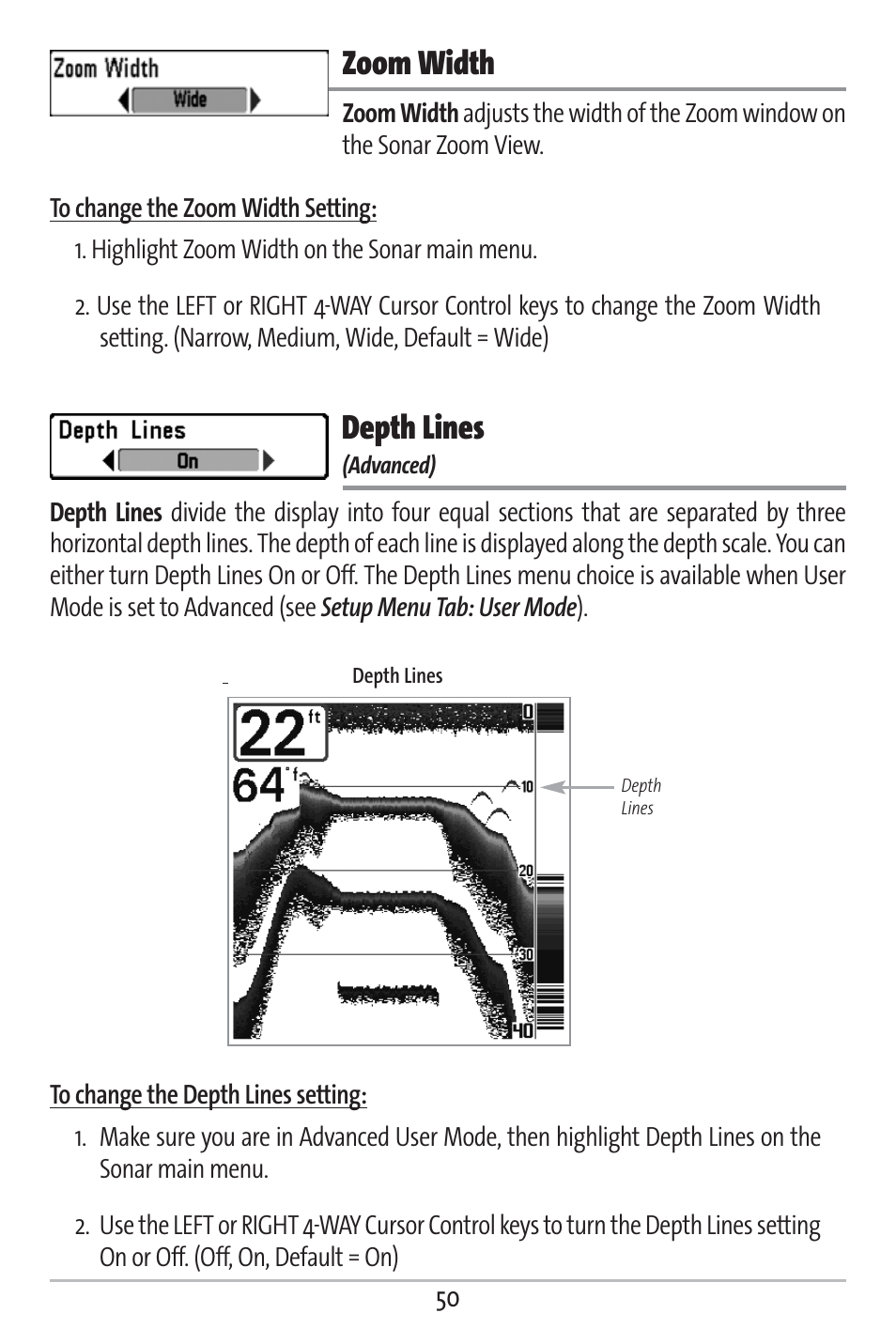 Zoom width, Depth lines | Humminbird 161 User Manual | Page 57 / 112