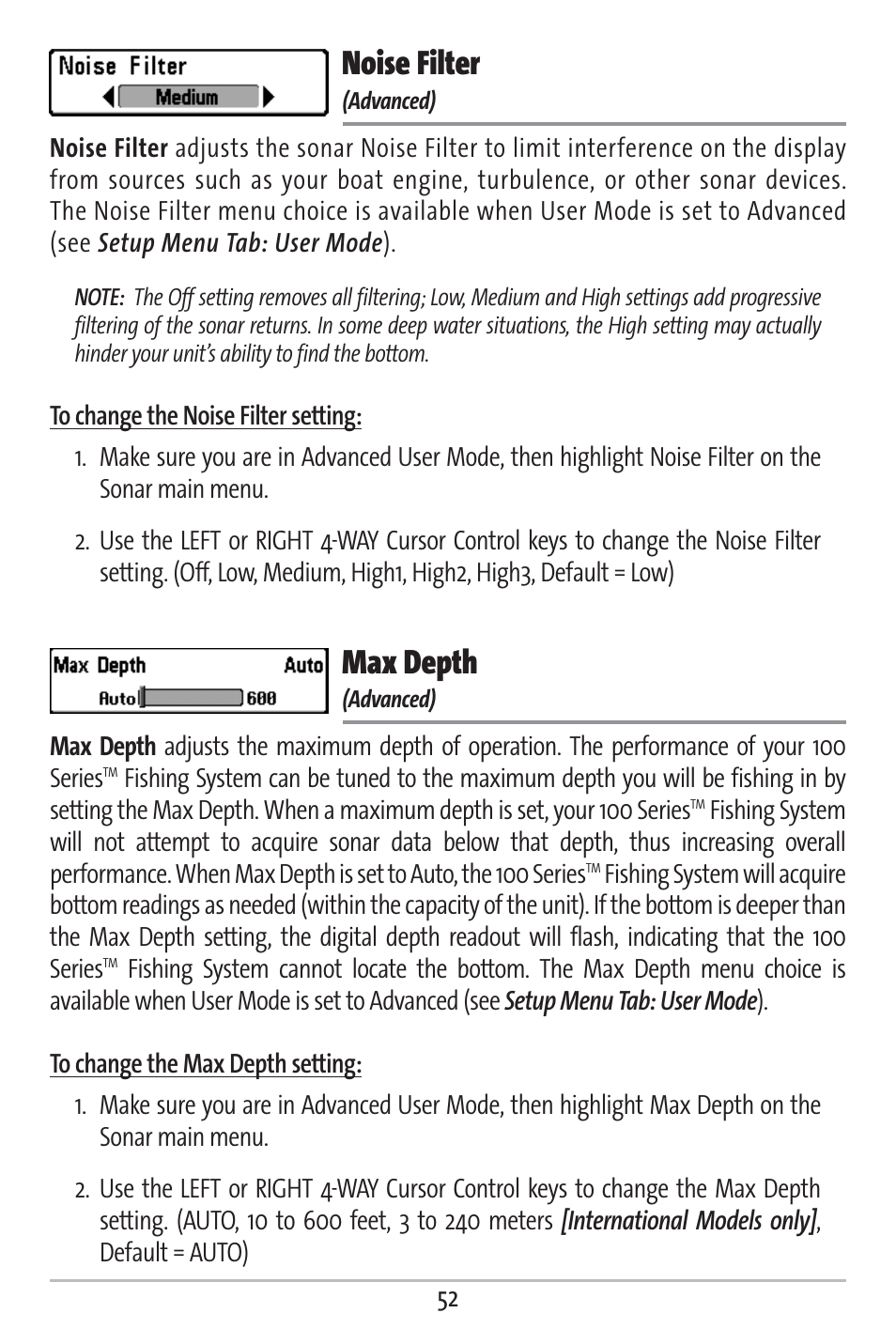 Noise filter, Max depth | Humminbird 161 User Manual | Page 59 / 112