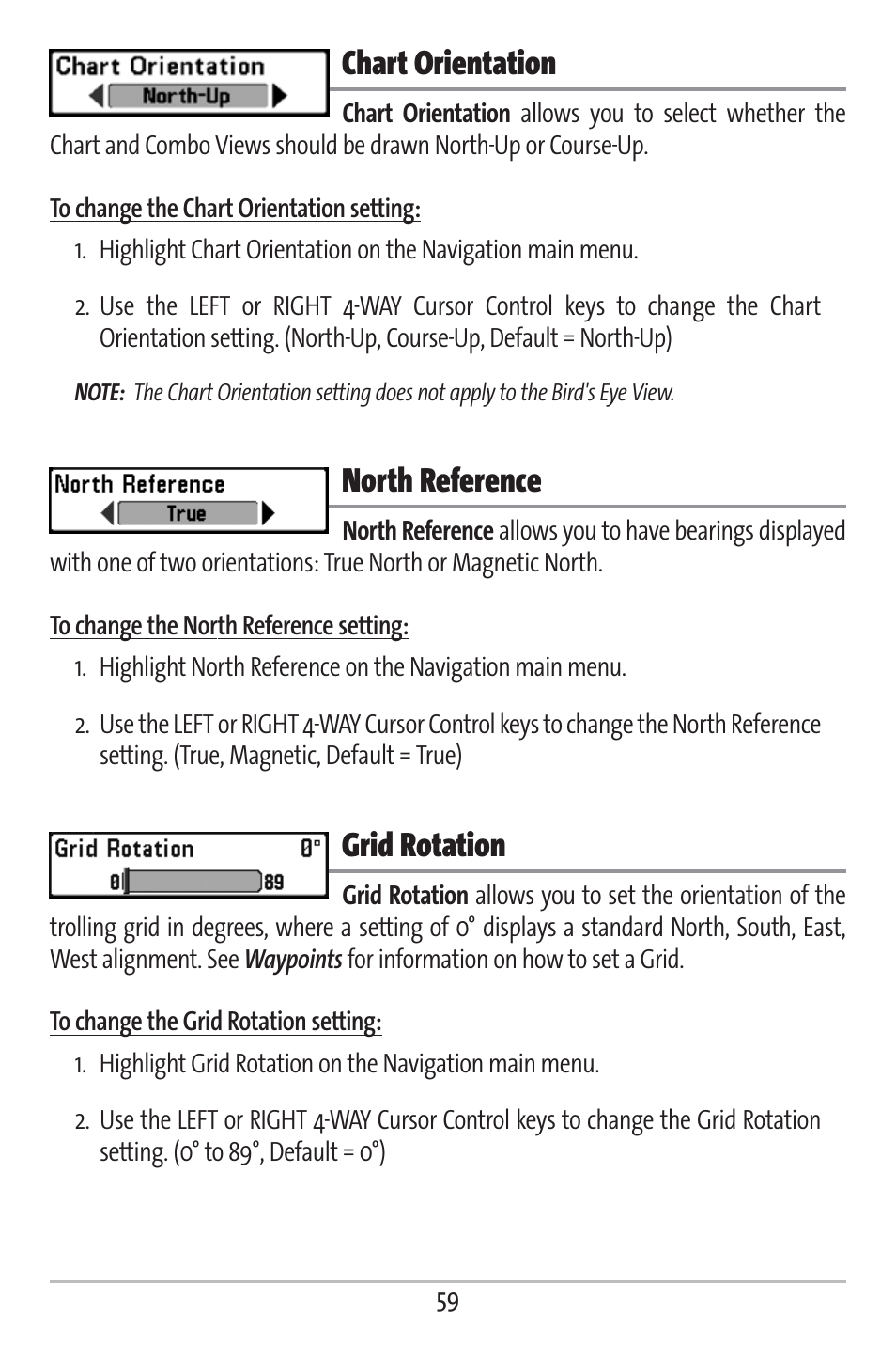 Chart orientation, North reference, Grid rotation | Humminbird 161 User Manual | Page 66 / 112