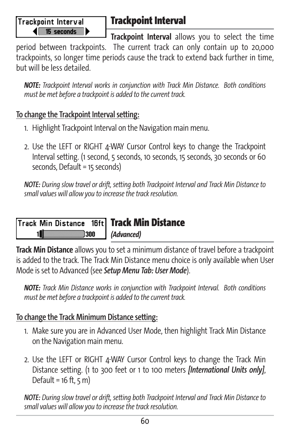 Trackpoint interval, Track min distance | Humminbird 161 User Manual | Page 67 / 112