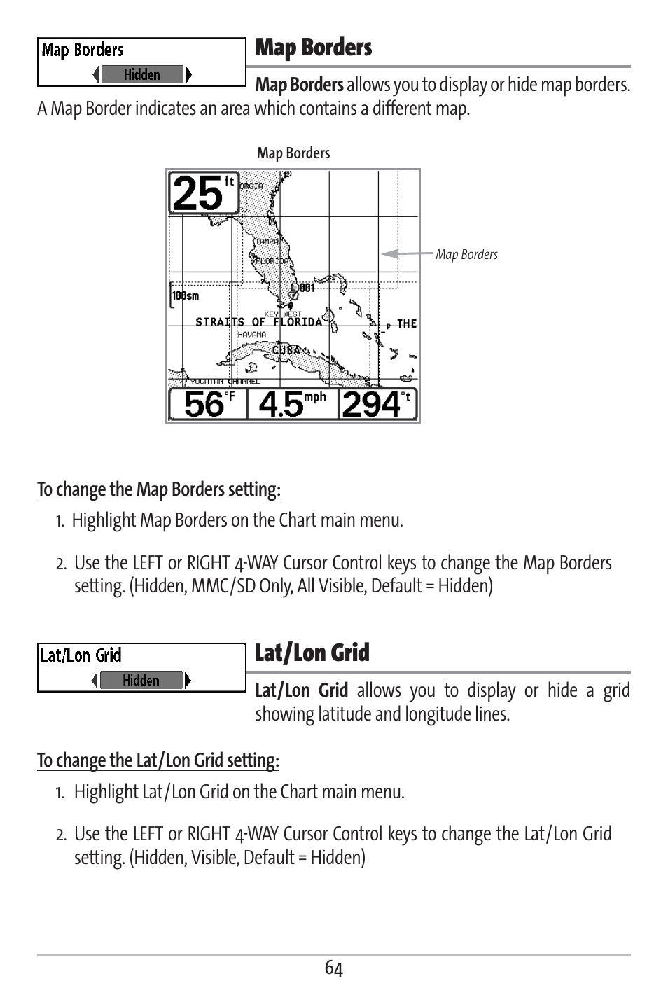 Map borders, Lat/lon grid | Humminbird 161 User Manual | Page 71 / 112