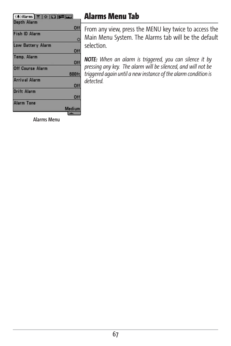 Alarms menu tab | Humminbird 161 User Manual | Page 74 / 112