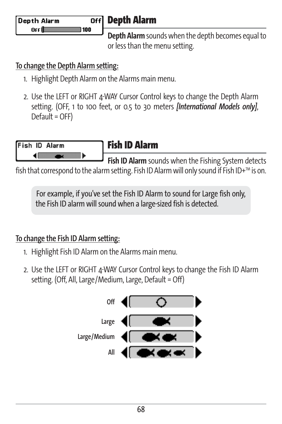 Depth alarm, Fish id alarm | Humminbird 161 User Manual | Page 75 / 112