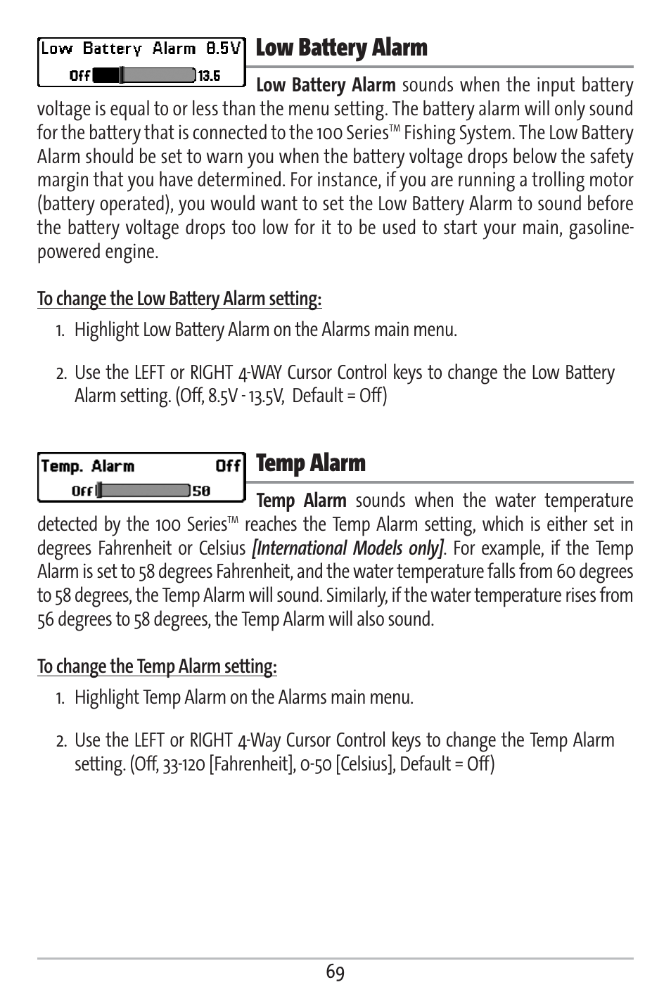 Low battery alarm, Temp alarm | Humminbird 161 User Manual | Page 76 / 112