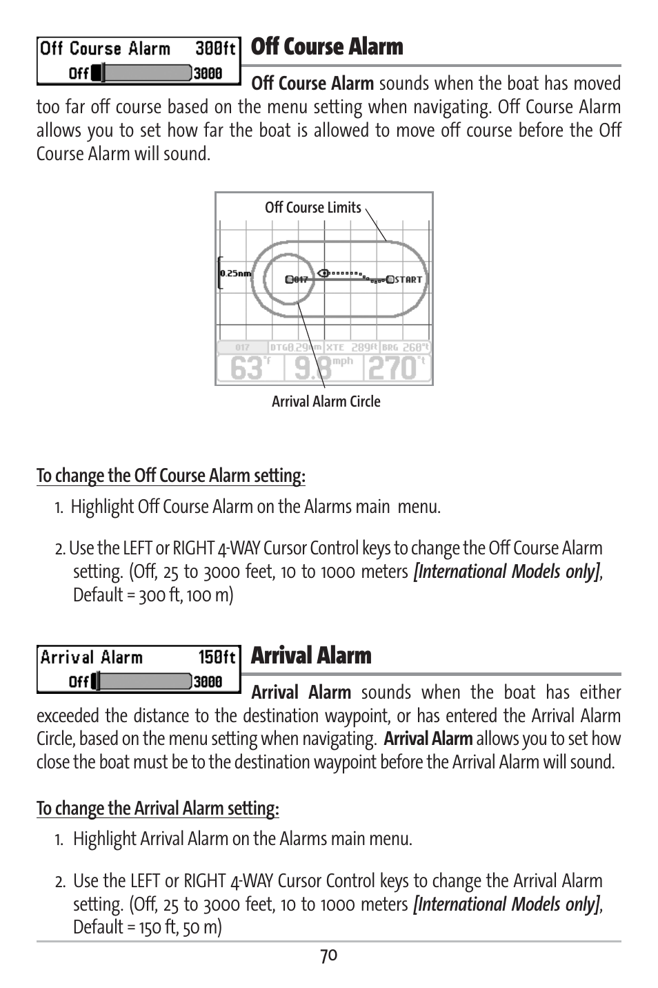 Off course alarm, Arrival alarm | Humminbird 161 User Manual | Page 77 / 112