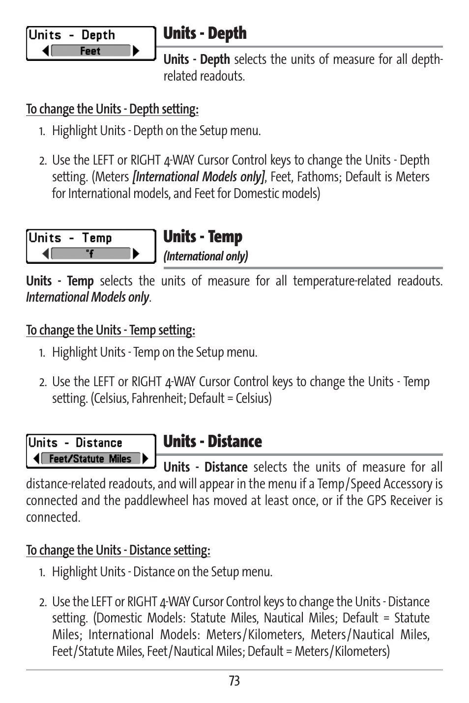 Units - depth, Units - temp, Units - distance | Humminbird 161 User Manual | Page 80 / 112