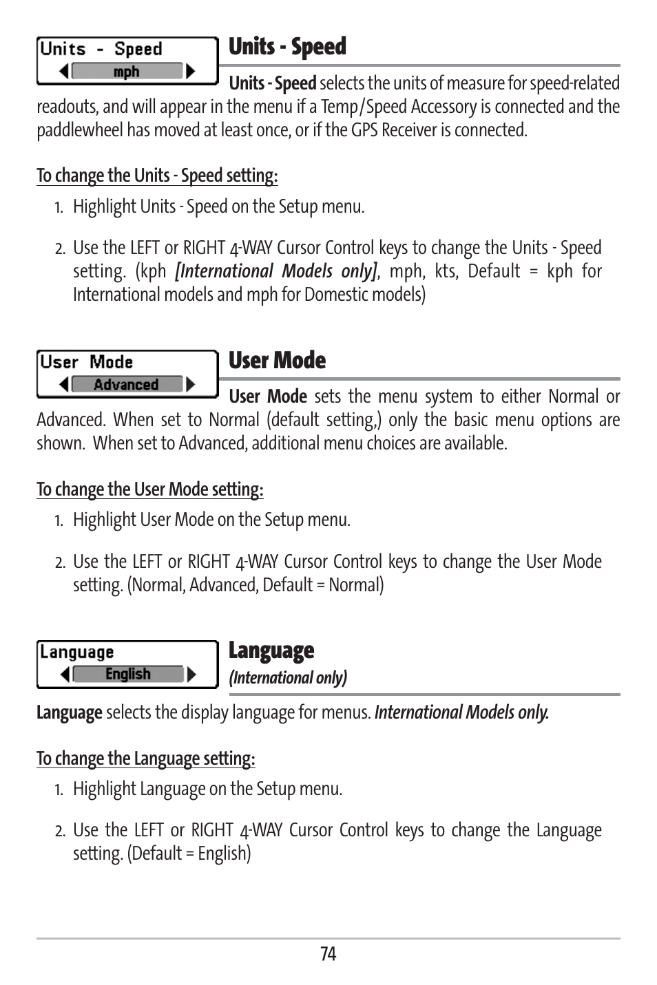 Units - speed, User mode, Language | Humminbird 161 User Manual | Page 81 / 112