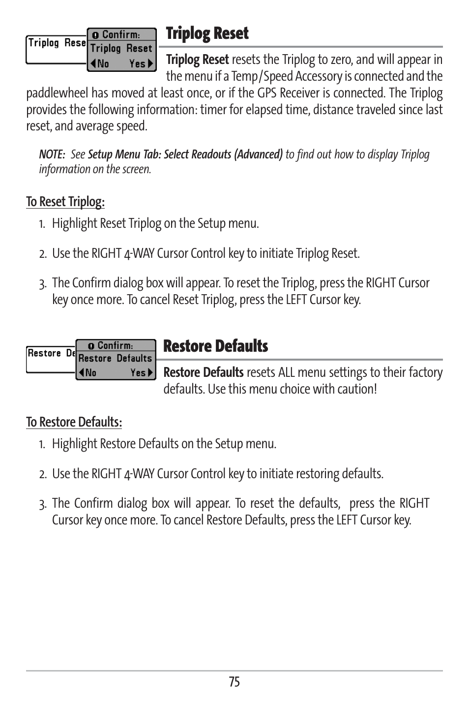 Triplog reset, Restore defaults | Humminbird 161 User Manual | Page 82 / 112