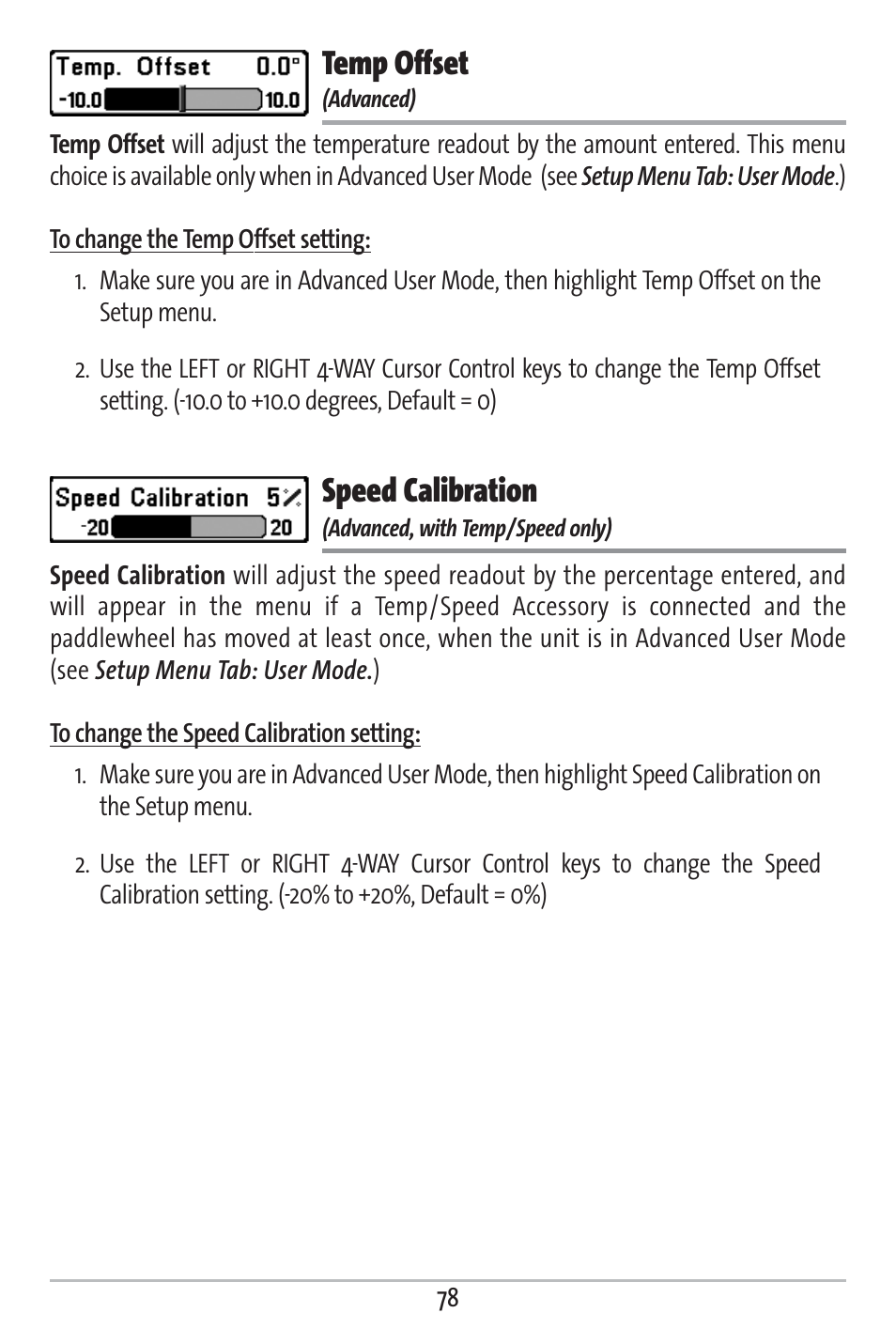 Temp offset, Speed calibration | Humminbird 161 User Manual | Page 85 / 112