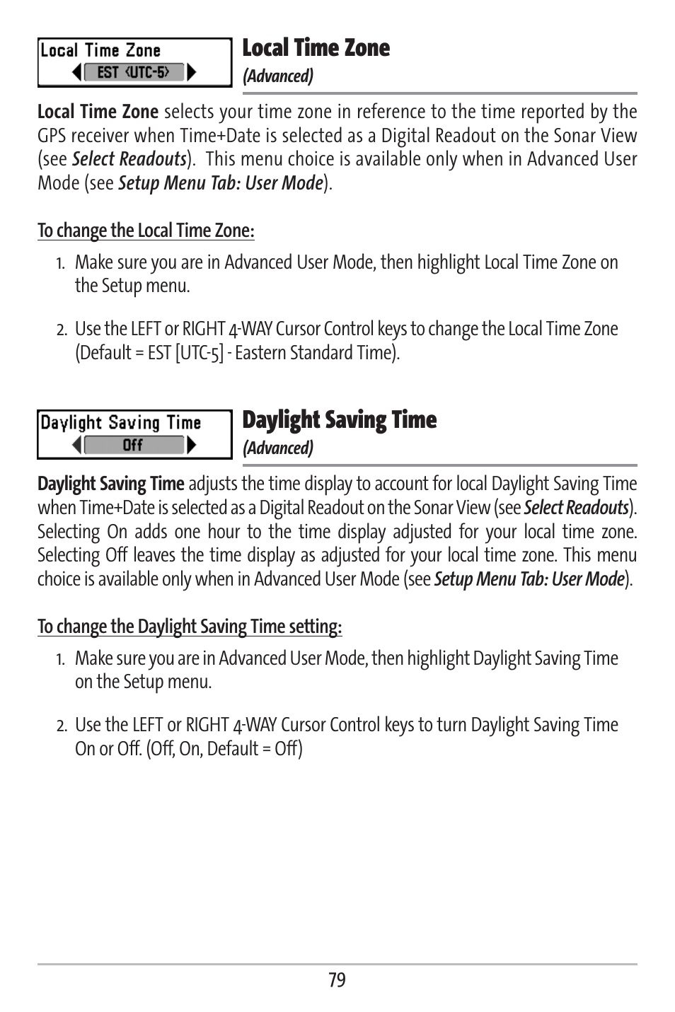 Local time zone, Daylight saving time | Humminbird 161 User Manual | Page 86 / 112