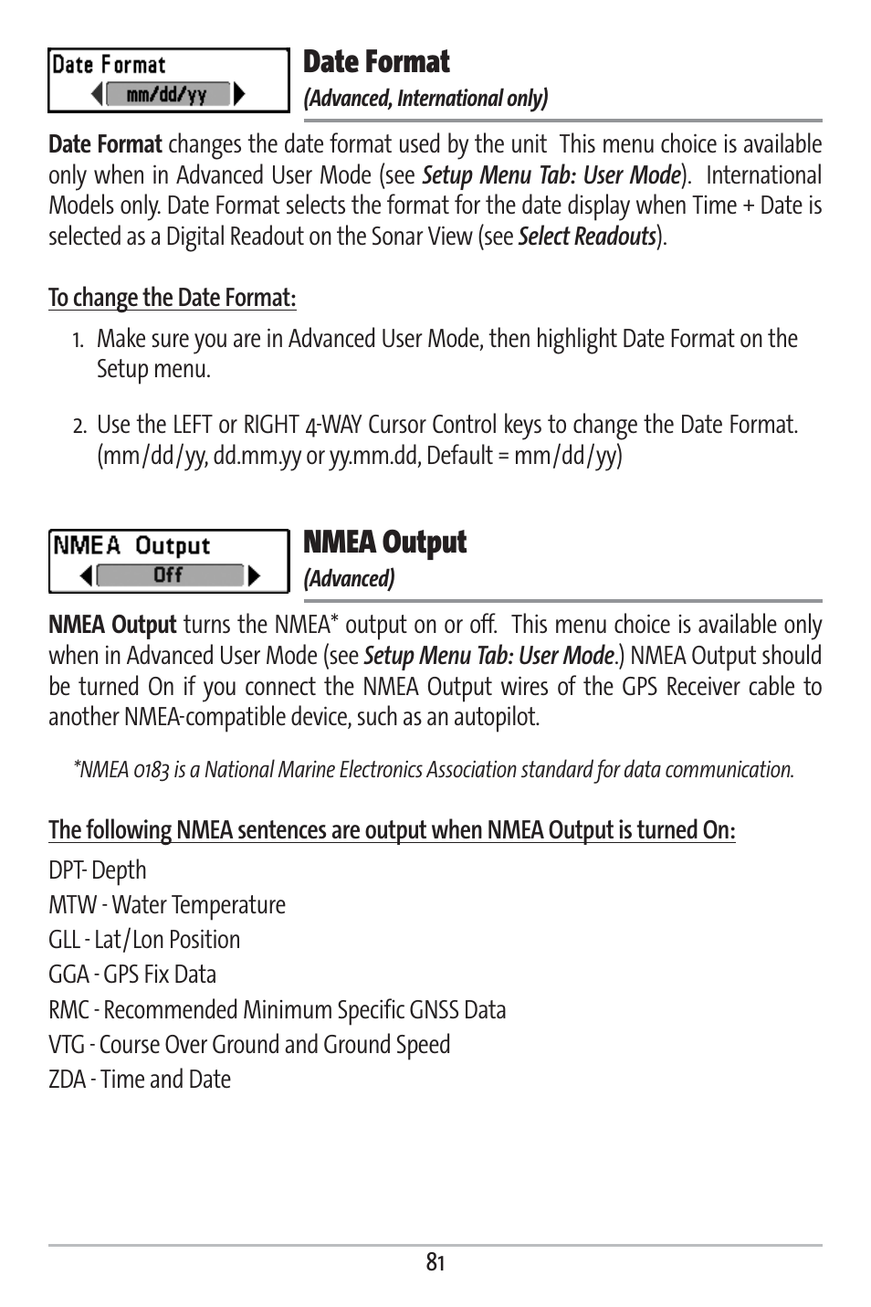 Date format, Nmea output | Humminbird 161 User Manual | Page 88 / 112