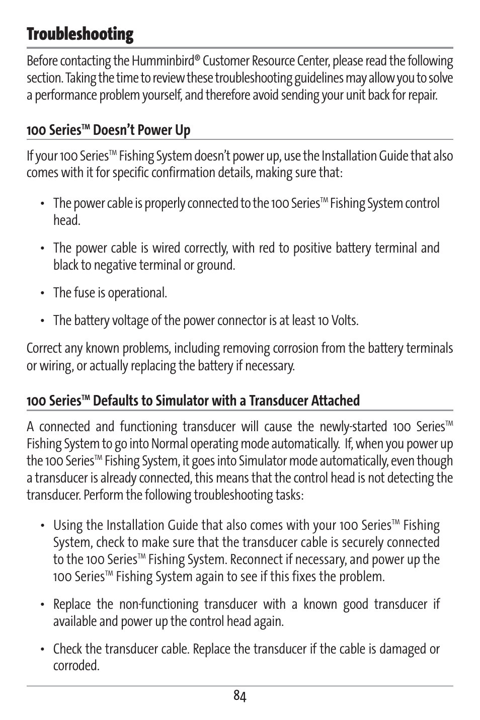 Troubleshooting, 100 series, Doesn’t power up | Defaults to simulator with a transducer attached | Humminbird 161 User Manual | Page 91 / 112