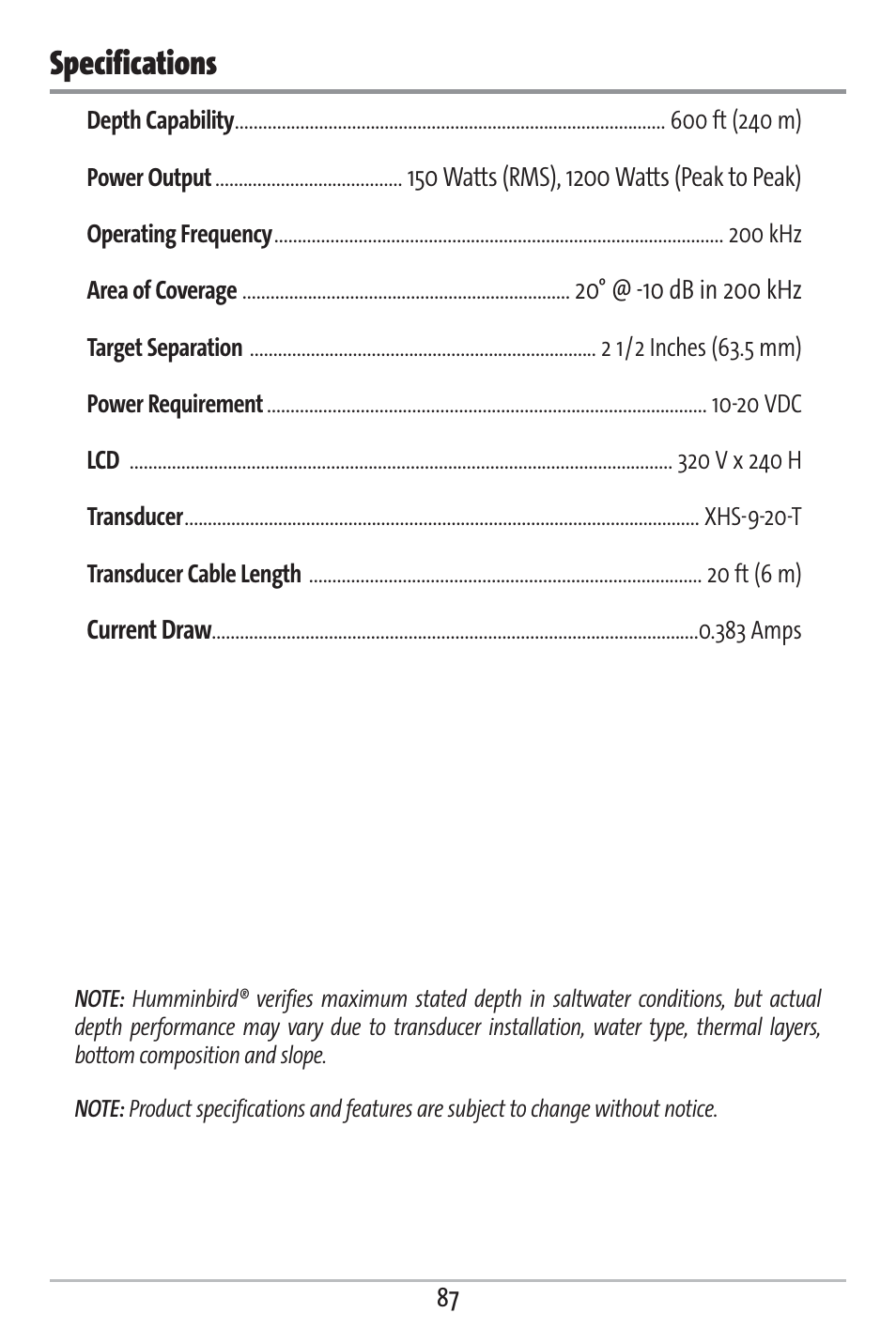 Specifications | Humminbird 161 User Manual | Page 94 / 112