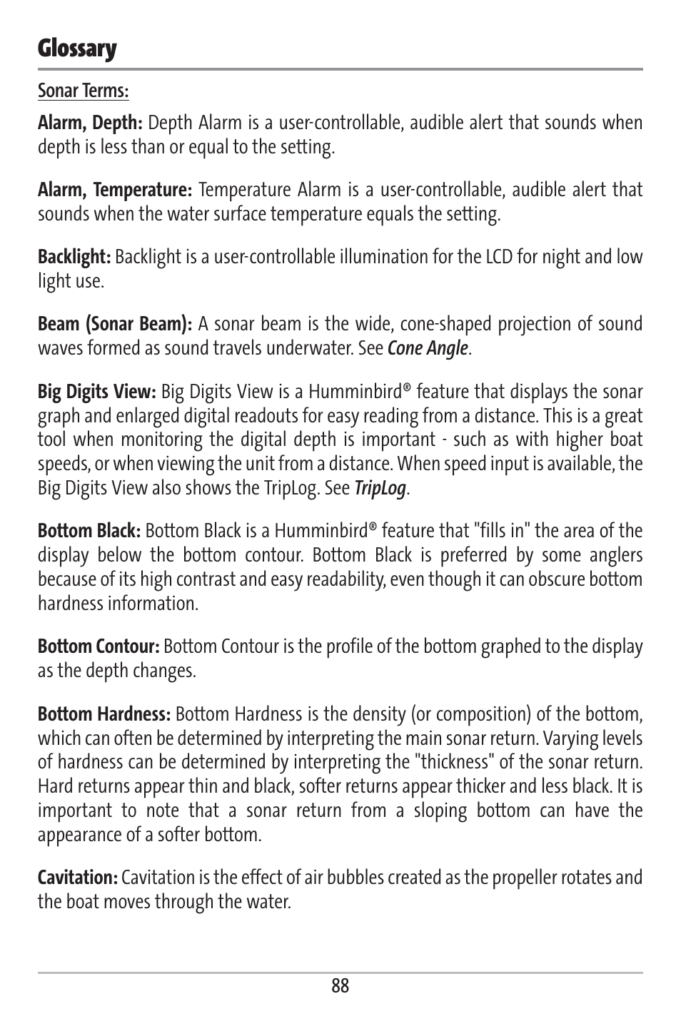 Glossary | Humminbird 161 User Manual | Page 95 / 112