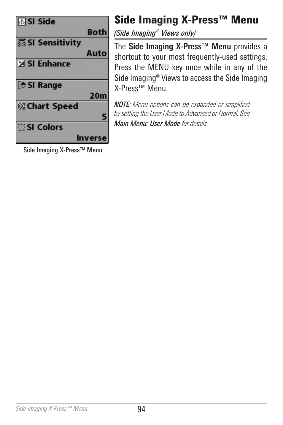 Side imaging x-press™ menu | Humminbird 700 SERIES 798CI User Manual | Page 106 / 210
