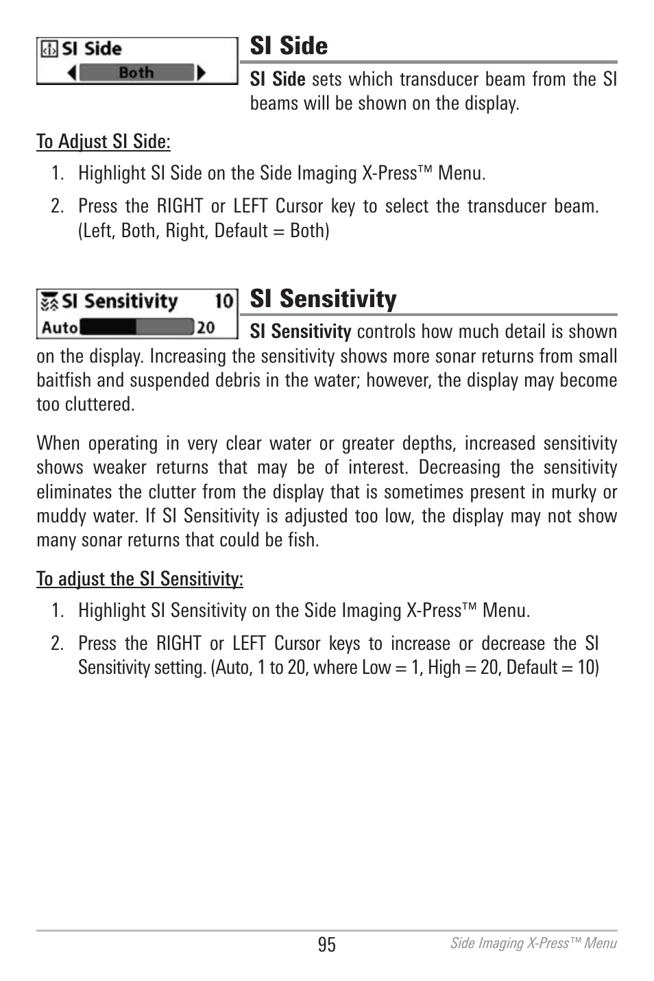 Si side, Si sensitivity | Humminbird 700 SERIES 798CI User Manual | Page 107 / 210
