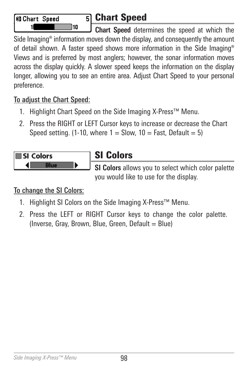 Chart speed, Si colors | Humminbird 700 SERIES 798CI User Manual | Page 110 / 210