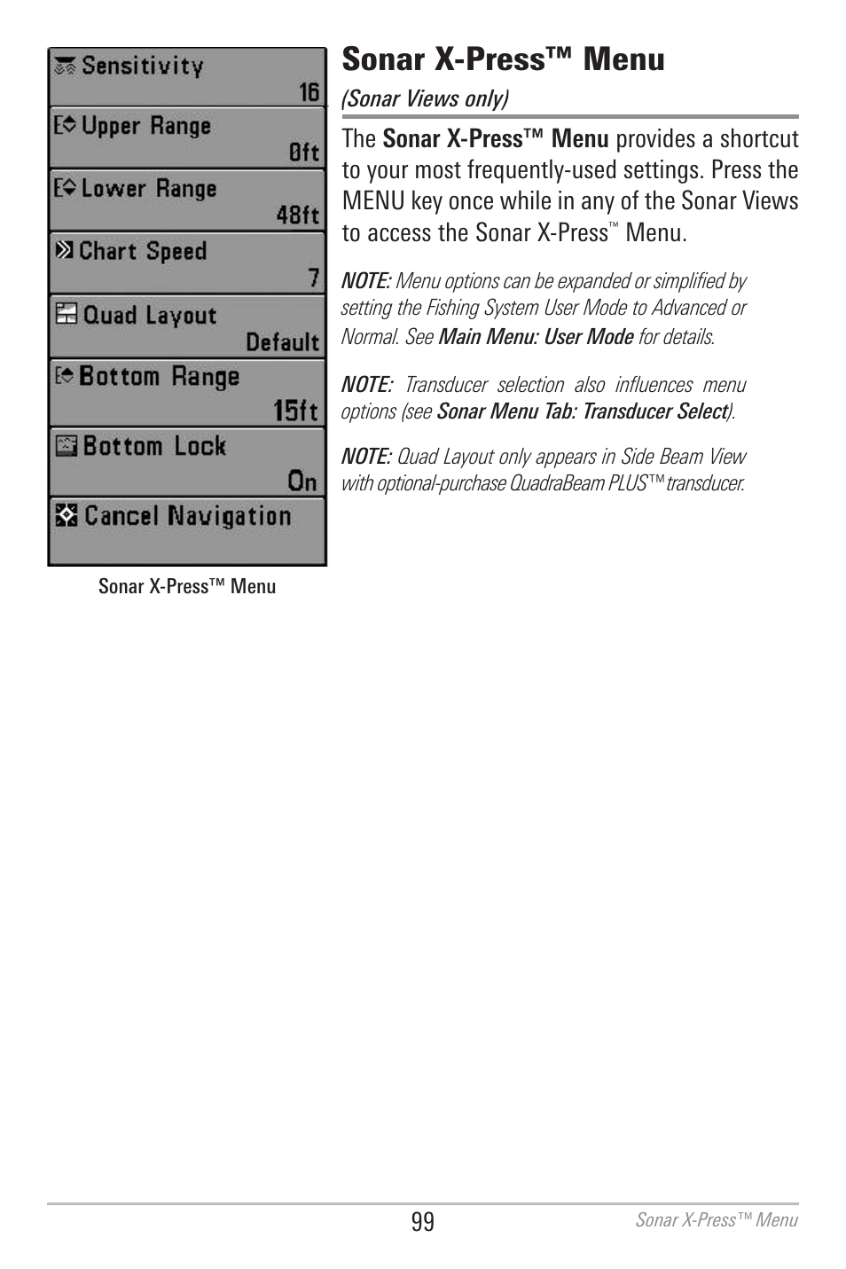 Sonar x-press™ menu | Humminbird 700 SERIES 798CI User Manual | Page 111 / 210