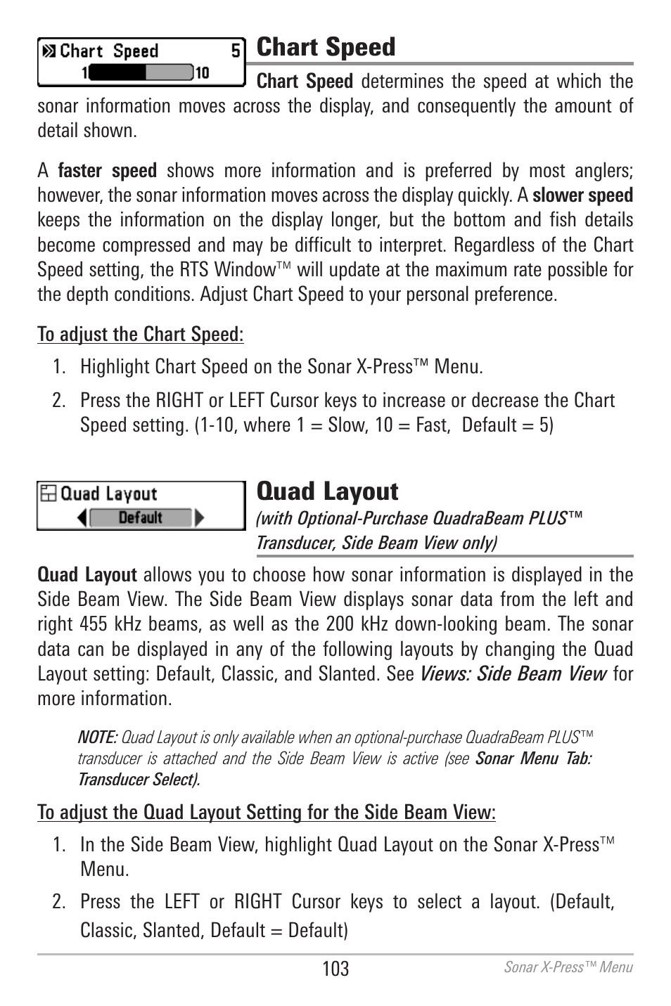 Chart speed, Quad layout | Humminbird 700 SERIES 798CI User Manual | Page 115 / 210