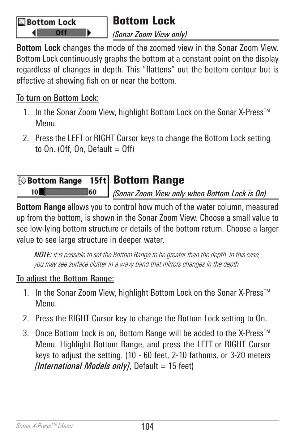 Bottom lock, Bottom range | Humminbird 700 SERIES 798CI User Manual | Page 116 / 210