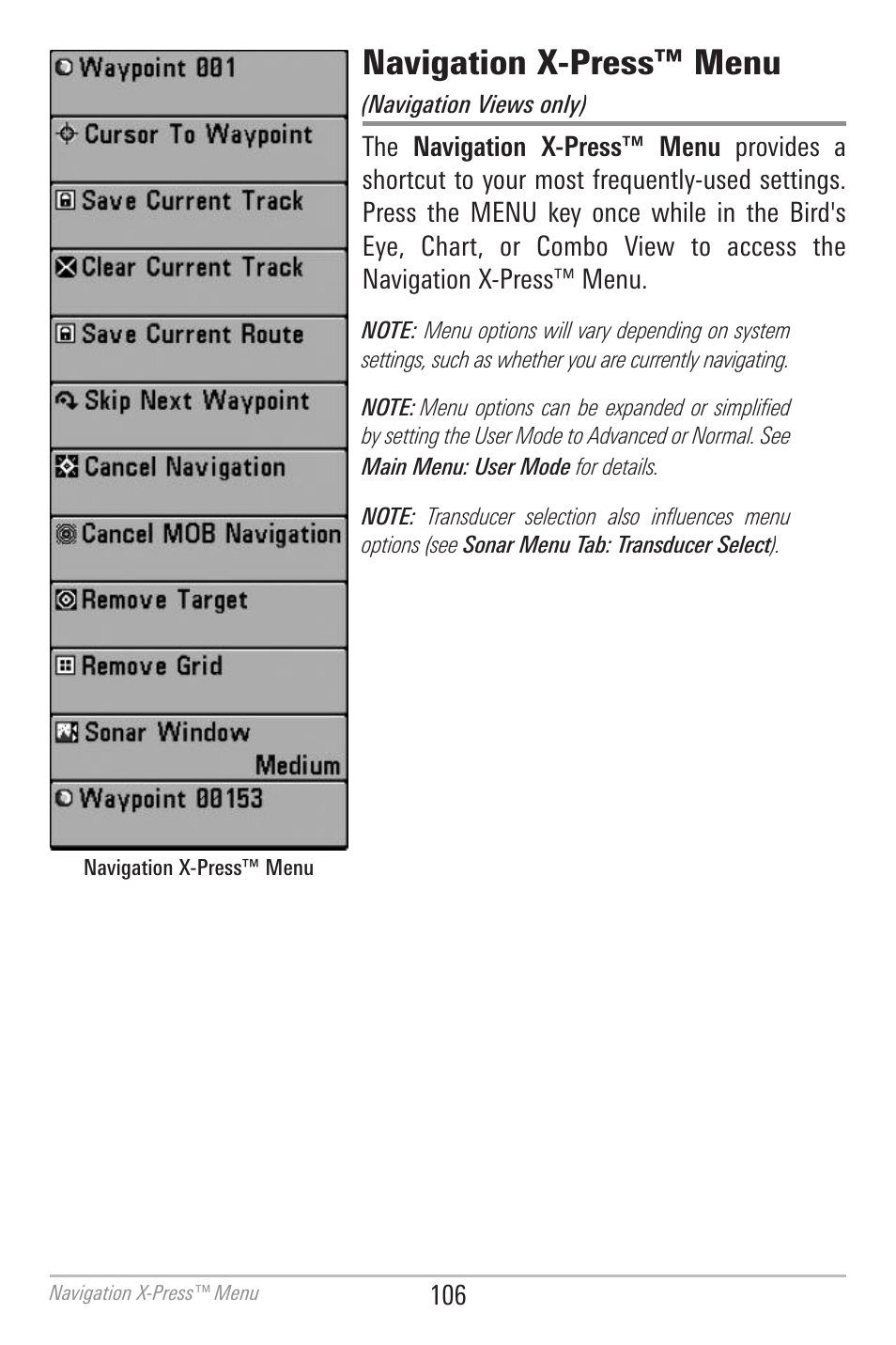 Navigation x-press™ menu | Humminbird 700 SERIES 798CI User Manual | Page 118 / 210