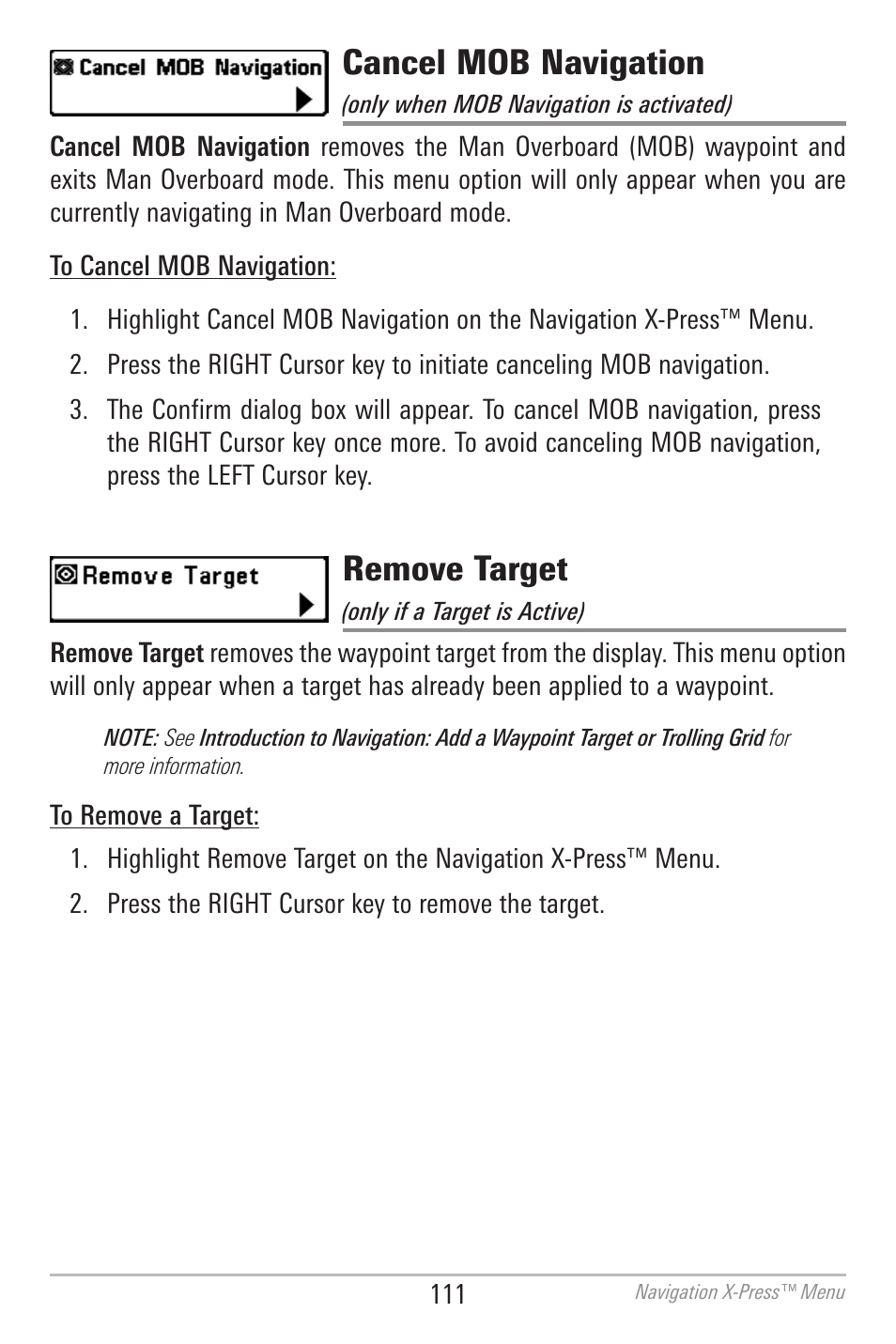 Cancel mob navigation, Remove target | Humminbird 700 SERIES 798CI User Manual | Page 123 / 210