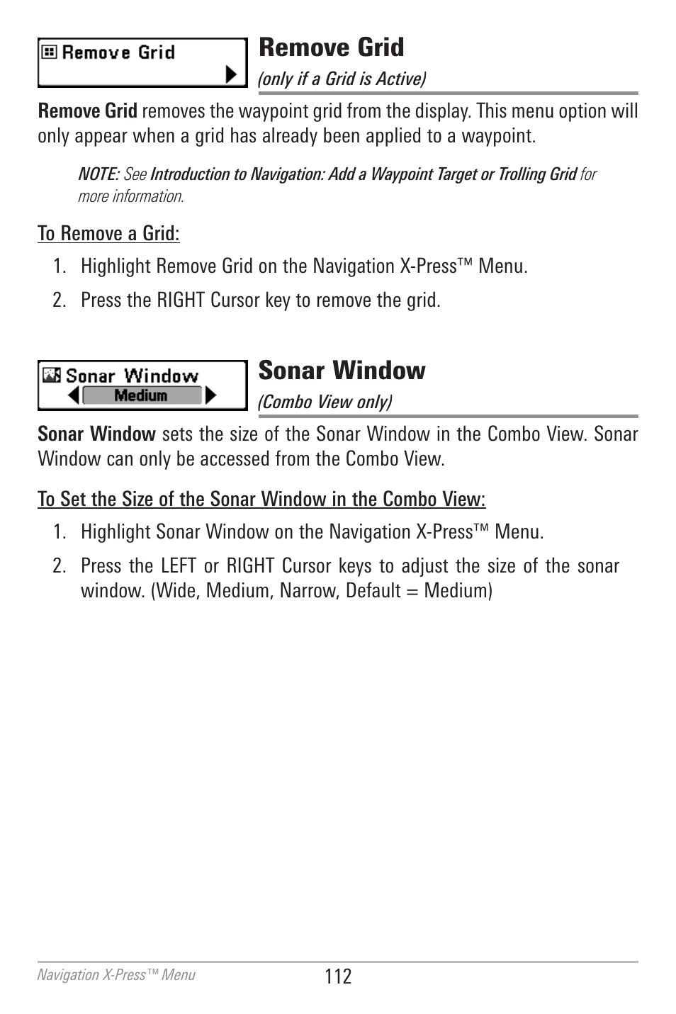 Remove grid, Sonar window | Humminbird 700 SERIES 798CI User Manual | Page 124 / 210