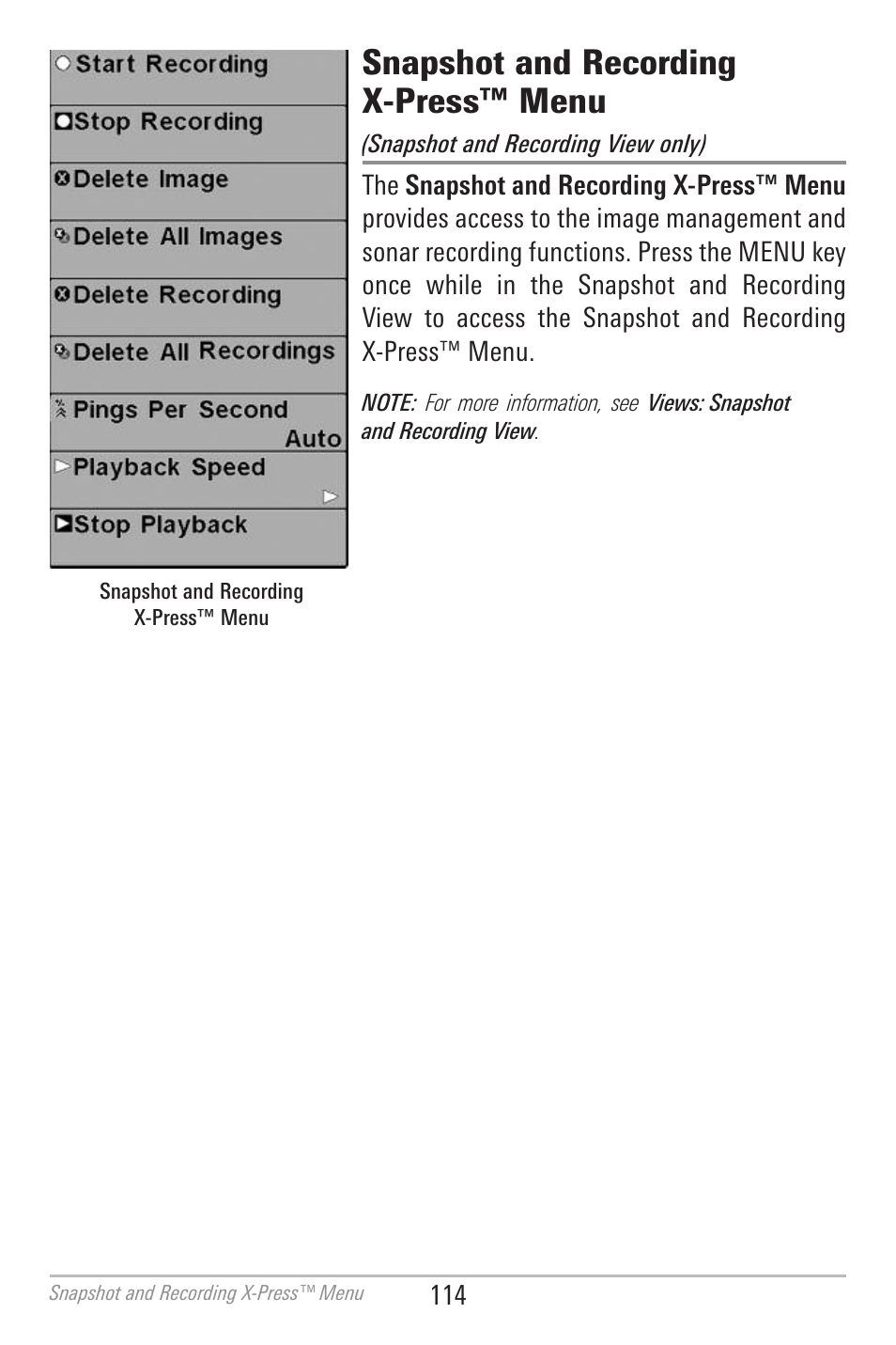 Snapshot and recordingx-press™ menu, Snapshot and recording x-press™ menu | Humminbird 700 SERIES 798CI User Manual | Page 126 / 210