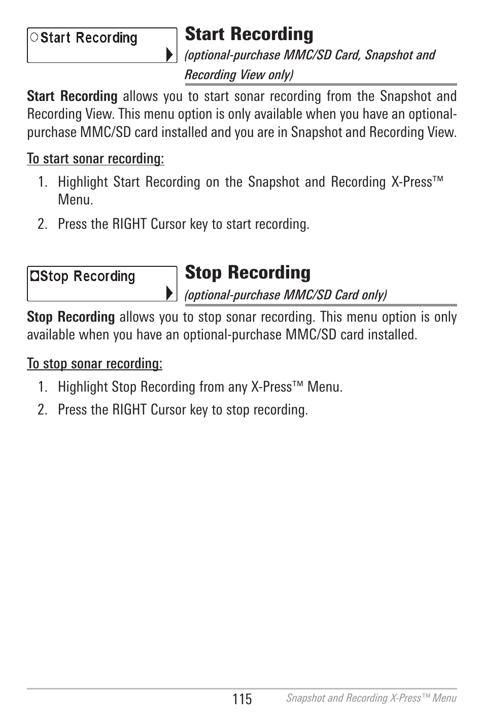 Start recording, Stop recording | Humminbird 700 SERIES 798CI User Manual | Page 127 / 210