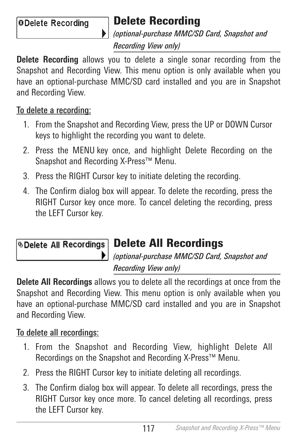 Delete recording, Delete all recordings | Humminbird 700 SERIES 798CI User Manual | Page 129 / 210