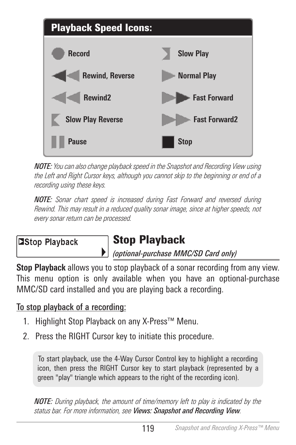 Stop playback, Playback speed icons | Humminbird 700 SERIES 798CI User Manual | Page 131 / 210