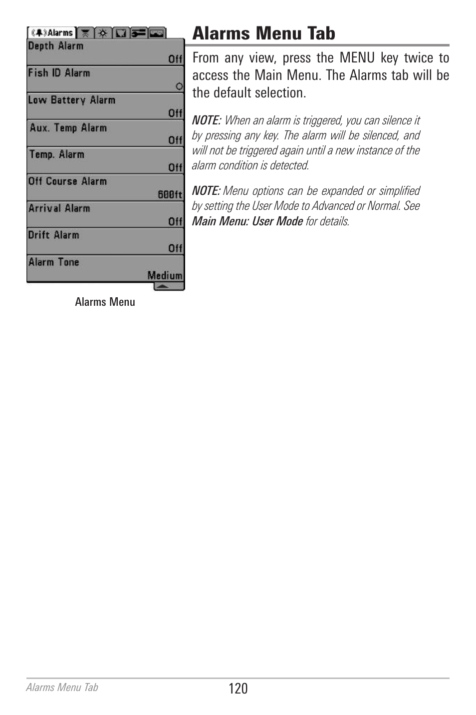 Alarms menu tab | Humminbird 700 SERIES 798CI User Manual | Page 132 / 210