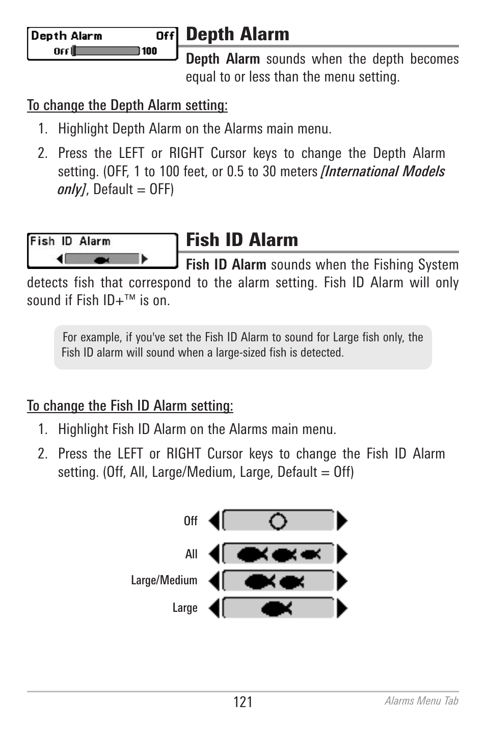 Depth alarm, Fish id alarm | Humminbird 700 SERIES 798CI User Manual | Page 133 / 210