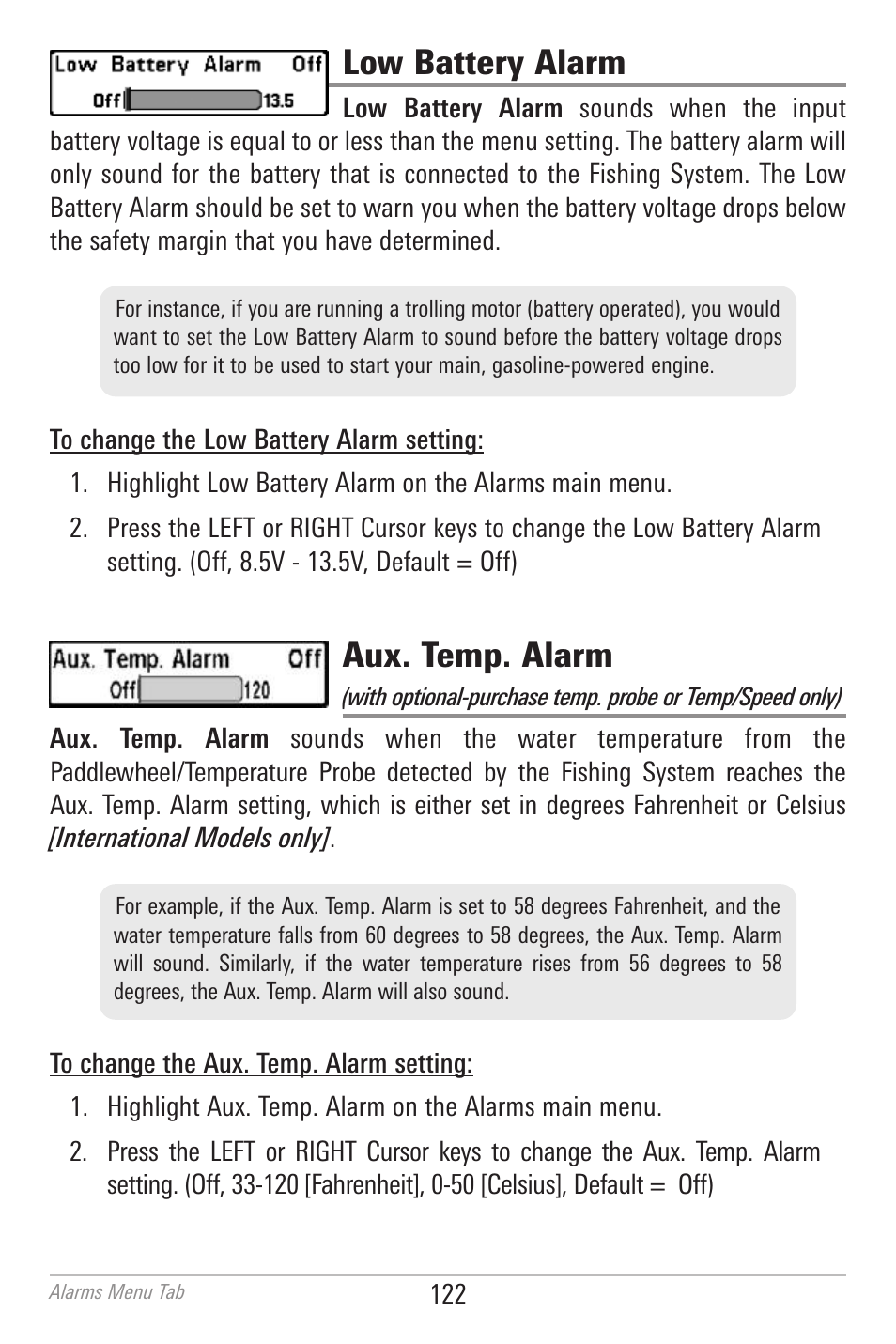 Low battery alarm, Aux. temp. alarm | Humminbird 700 SERIES 798CI User Manual | Page 134 / 210